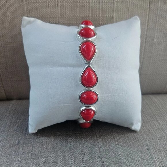 Christmas Bracelet Red Silver Tone Fashion Jewelry Stretched Wrist Band New Unb - Picture 9 of 11